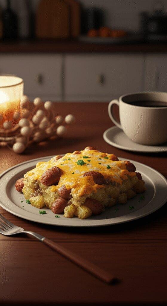 Finished Easy Cheesy Ranch Sausage & Potato Bake on a plate in a cozy home setting, showing melted cheese, cooked sausage, and potatoes with garnished herbs, placed on a wooden table with warm lights.