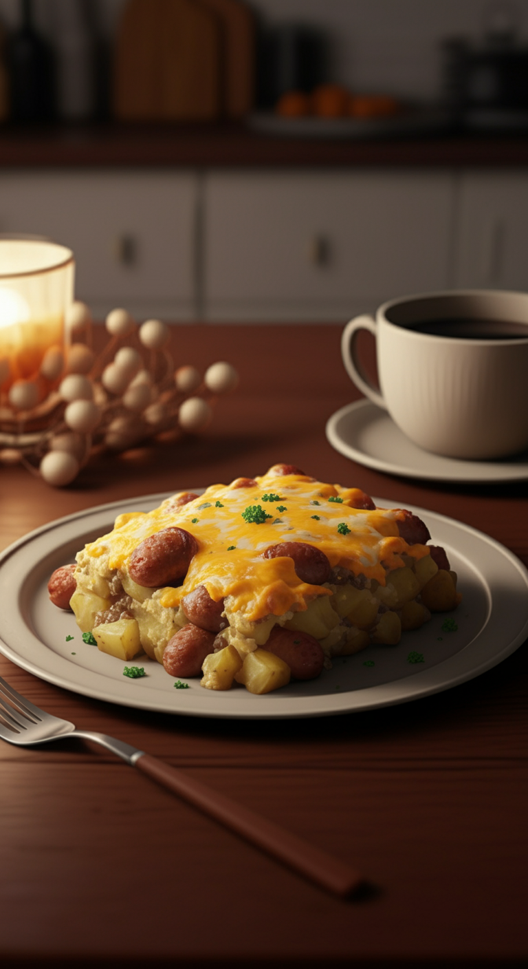 Finished Easy Cheesy Ranch Sausage & Potato Bake on a plate in a cozy home setting, showing melted cheese, cooked sausage, and potatoes with garnished herbs, placed on a wooden table with warm lights.