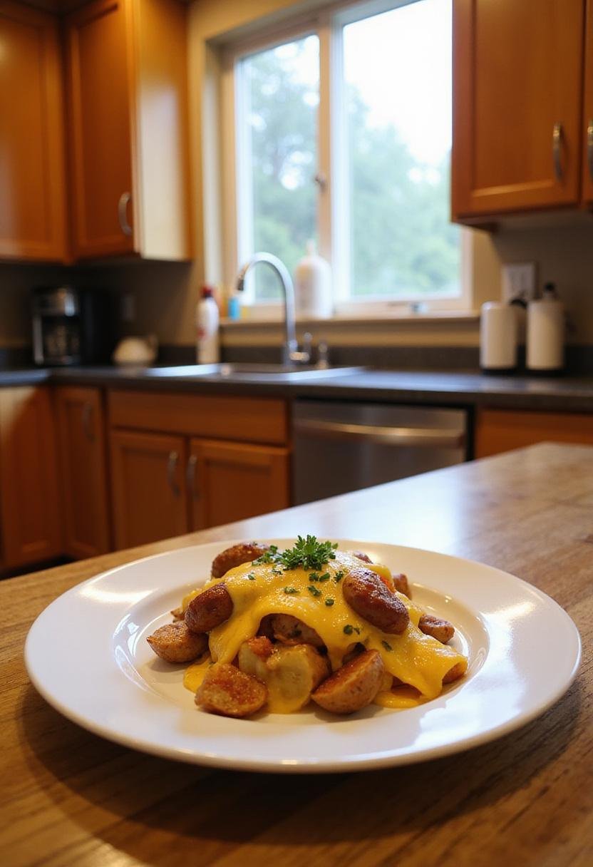Finished Easy Cheesy Ranch Sausage & Potato Bake displayed on a plate in a kitchen with wooden cabinets and natural light, emphasizing the cheesy baked dish with sausage and potatoes.
