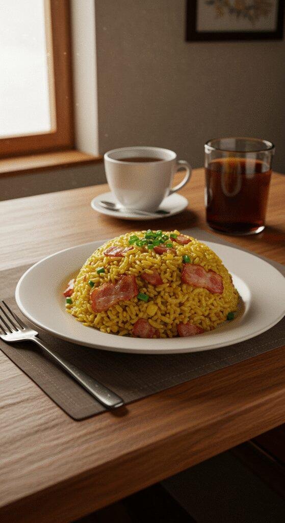 A cozy home setting showing crispy bacon fried rice plated on a wooden table. The dish looks flavorful with bacon and vegetables, garnished with green onions, creating an inviting scene in natural light.