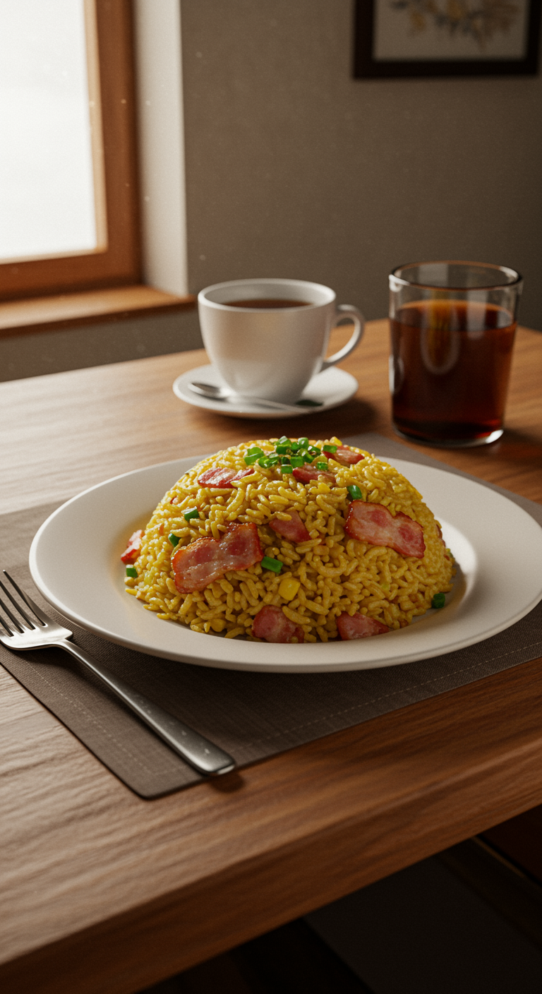 A cozy home setting showing crispy bacon fried rice plated on a wooden table. The dish looks flavorful with bacon and vegetables, garnished with green onions, creating an inviting scene in natural light.