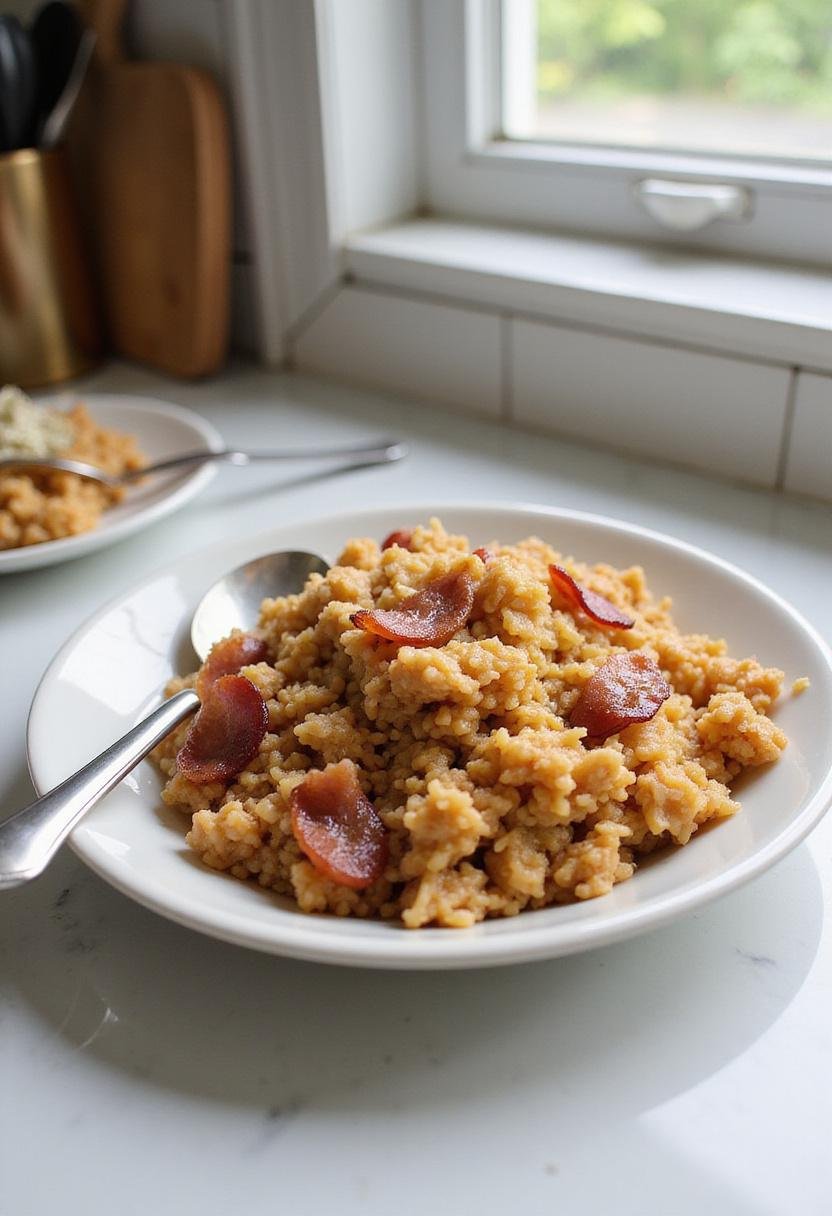 A kitchen scene featuring crispy bacon fried rice on a plate, with a bright countertop and utensils nearby. The dish appears appetizing with a crispy texture and colorful ingredients, shown in natural kitchen lighting.