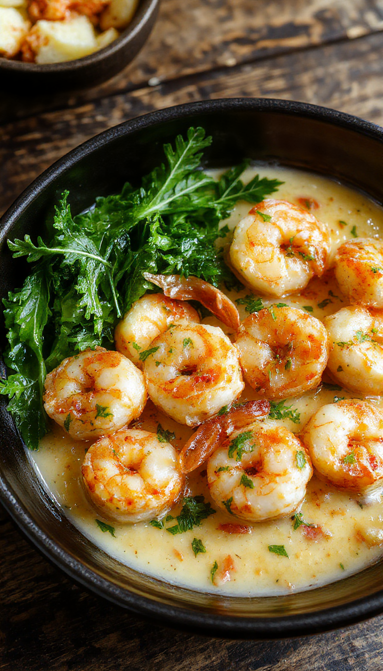 A plate of creamy garlic shrimp garnished with fresh herbs and lemon slices, served alongside a side of steamed vegetables.