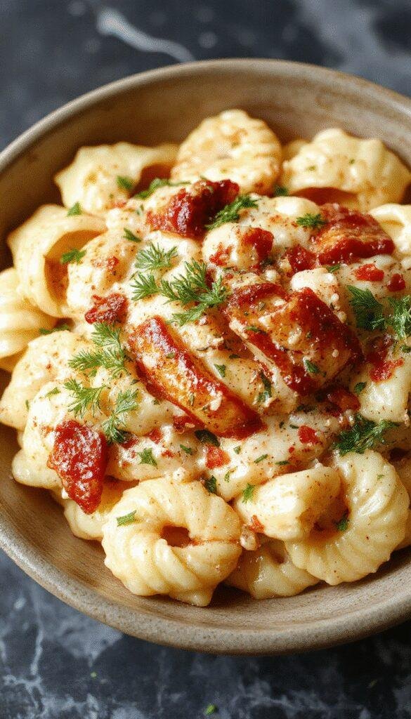 A vibrant bowl of creamy protein pasta topped with fresh herbs and vegetables, ready in just 15 minutes.