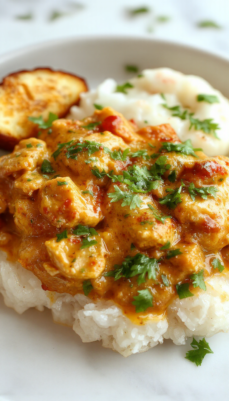 A bowl of creamy authentic butter chicken garnished with fresh cilantro, served alongside naan bread on a wooden table.
