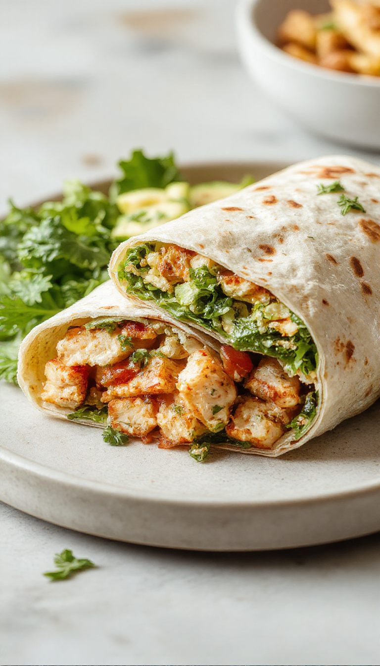 A vibrant plate of California Turkey Club Wraps filled with fresh turkey, crisp lettuce, ripe tomatoes, avocado, and cheese, wrapped in a whole wheat tortilla.