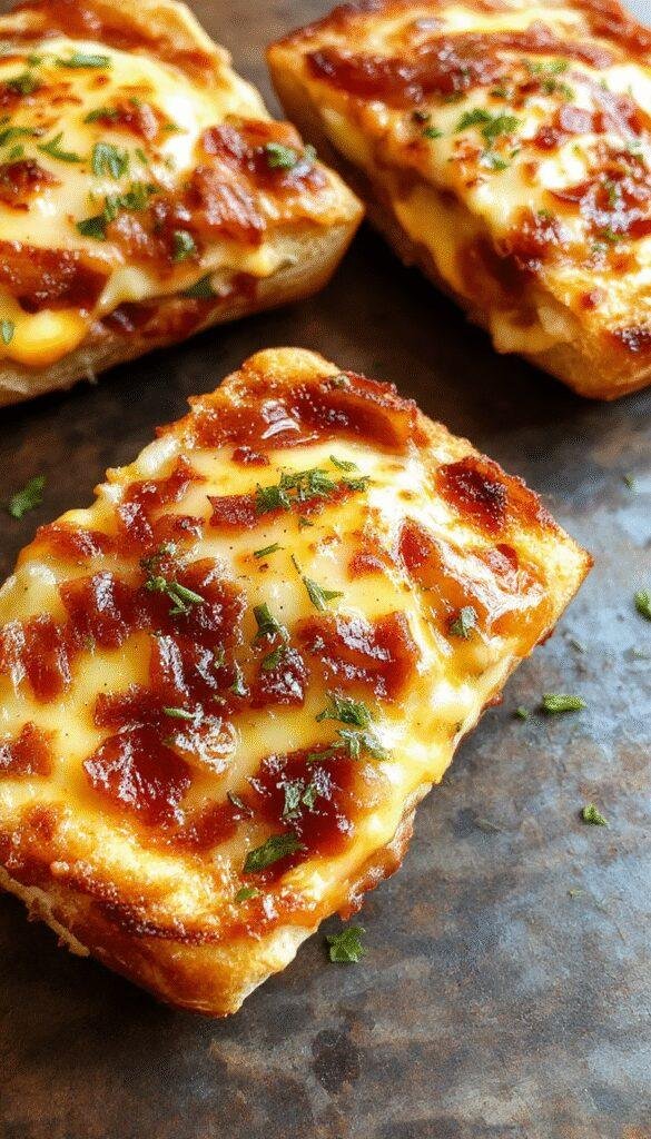 A savory breakfast melt featuring melted cheese, crispy bacon, and fluffy eggs on toasted bread, garnished with herbs.