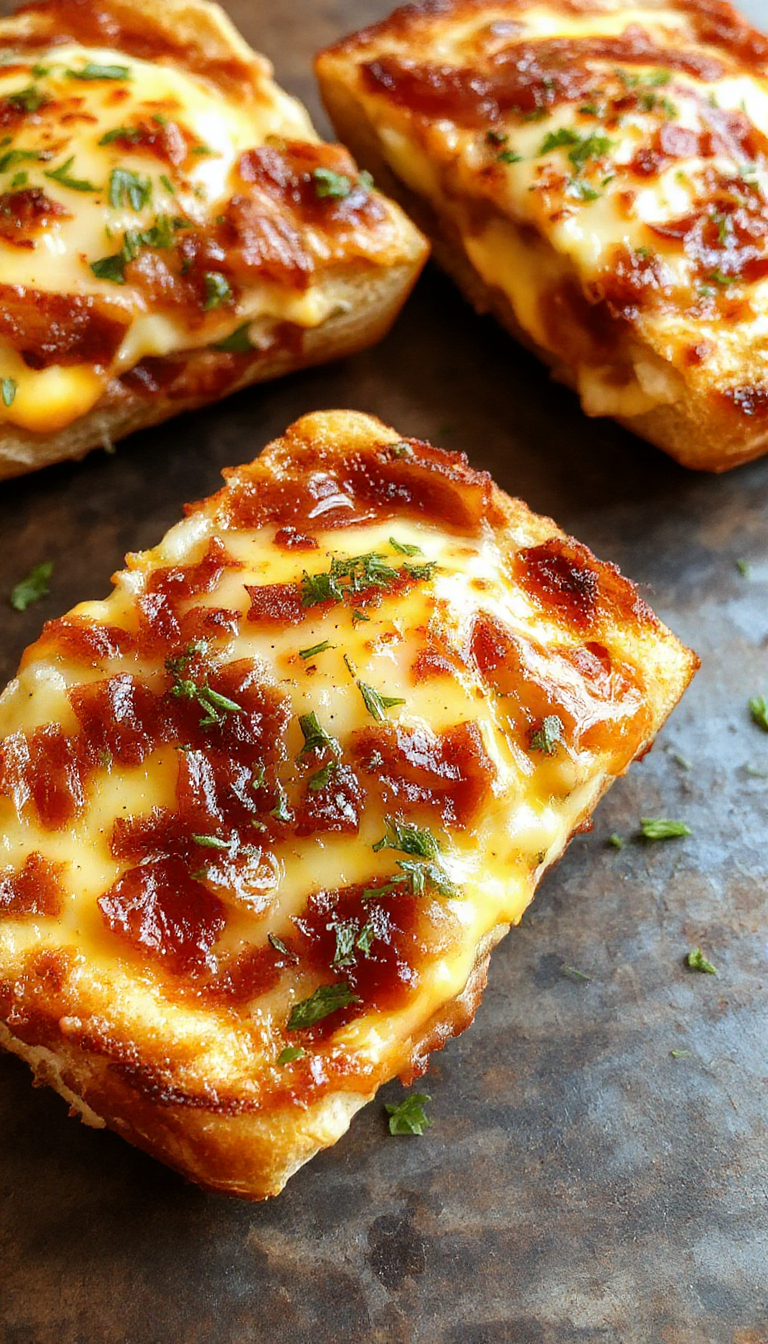 A savory breakfast melt featuring melted cheese, crispy bacon, and fluffy eggs on toasted bread, garnished with herbs.