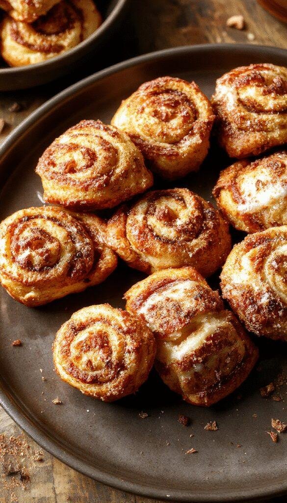 A plate of Cinnamon Roll French Toast Bites topped with powdered sugar and icing, served with fresh berries and syrup.