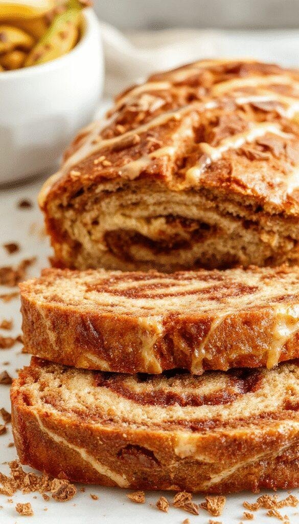 A freshly sliced cinnamon swirl banana bread on a rustic wooden platter, showcasing its moist interior with streaks of cinnamon.