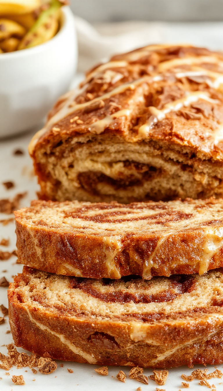 A freshly sliced cinnamon swirl banana bread on a rustic wooden platter, showcasing its moist interior with streaks of cinnamon.