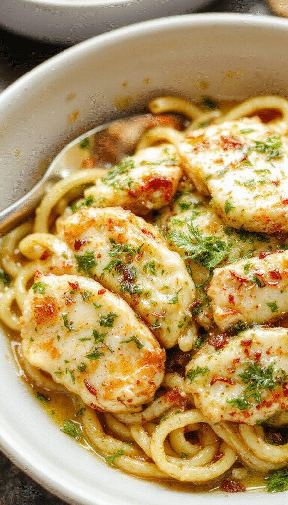 A plate of creamy pesto chicken pasta garnished with fresh basil and grated Parmesan cheese, served on a white dish.