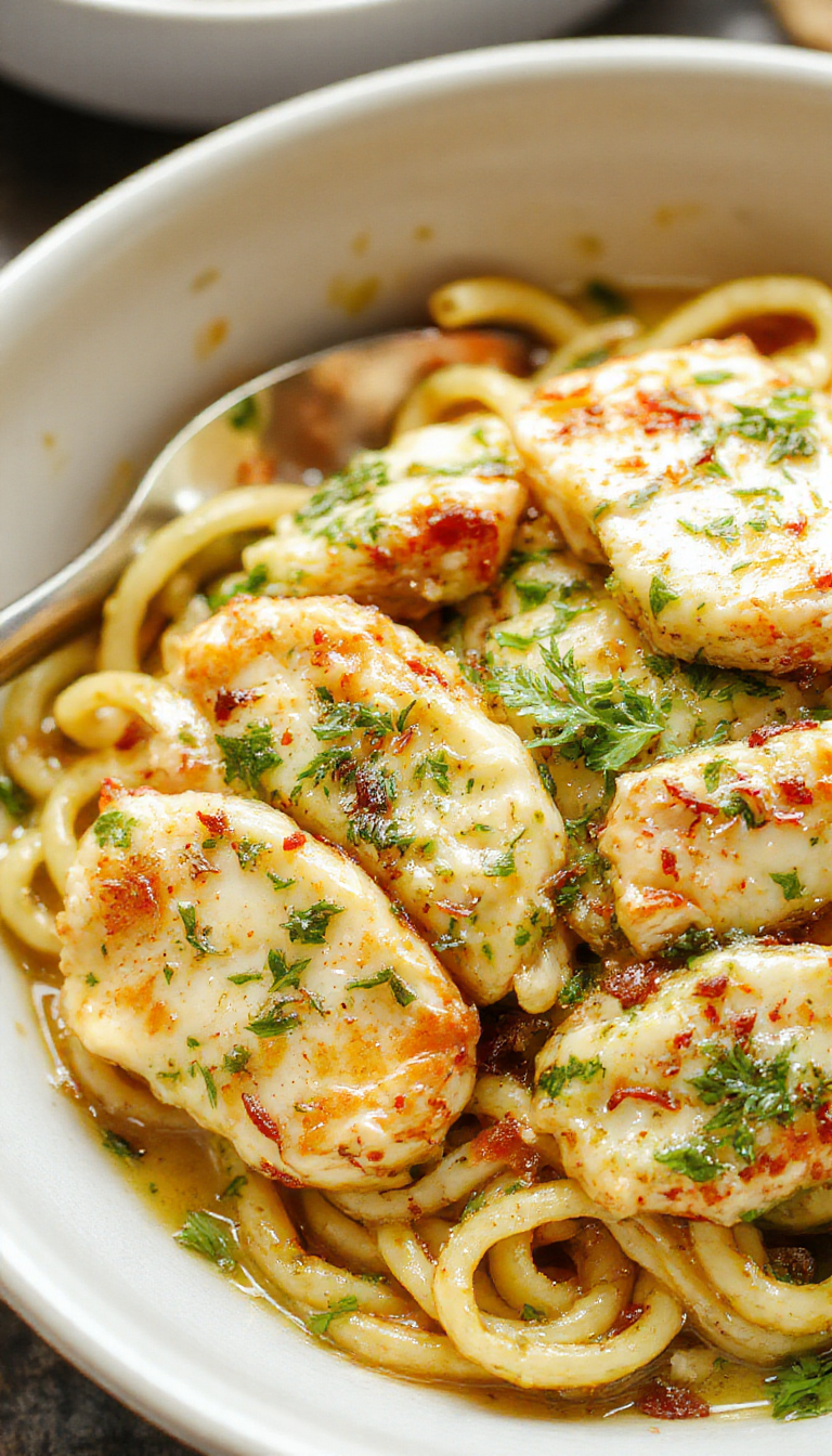 A plate of creamy pesto chicken pasta garnished with fresh basil and grated Parmesan cheese, served on a white dish.