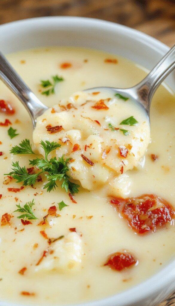 A steaming bowl of creamy white lasagna soup garnished with fresh herbs and melted cheese, served with crusty bread on the side.