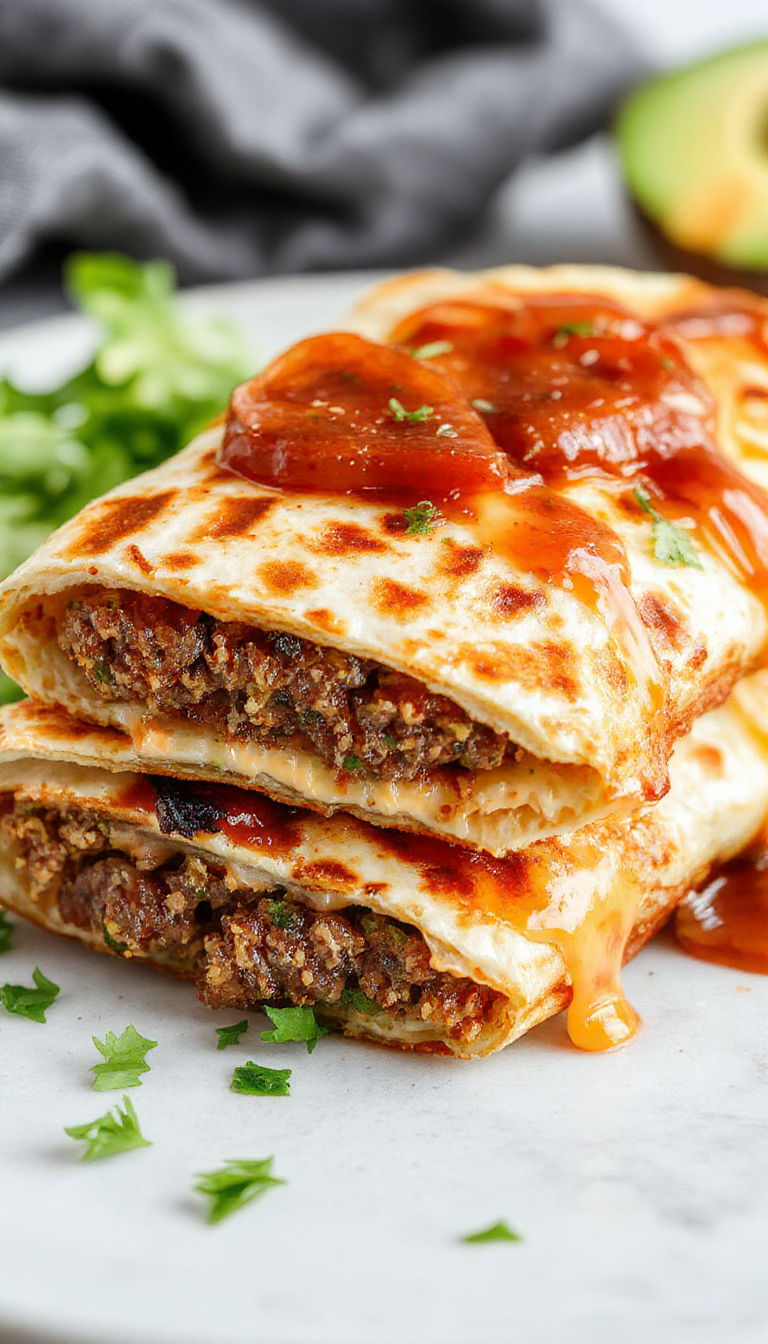 Crispy cheeseburger quesadillas showing melted cheese, seasoned beef, and toasted tortillas on a plate.