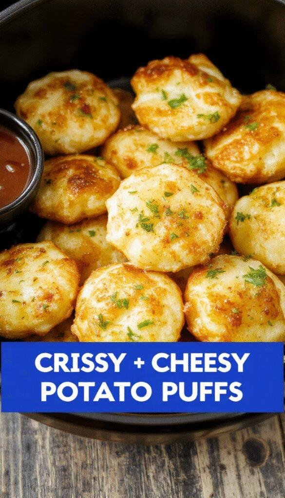 Golden crispy cheesy air fryer potato puffs served on a rustic plate garnished with herbs