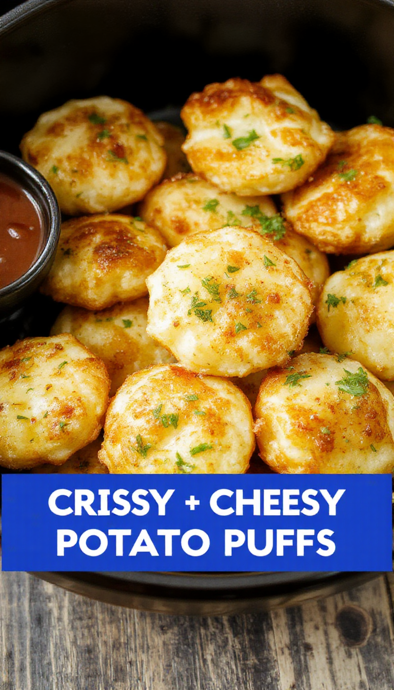 Golden crispy cheesy air fryer potato puffs served on a rustic plate garnished with herbs
