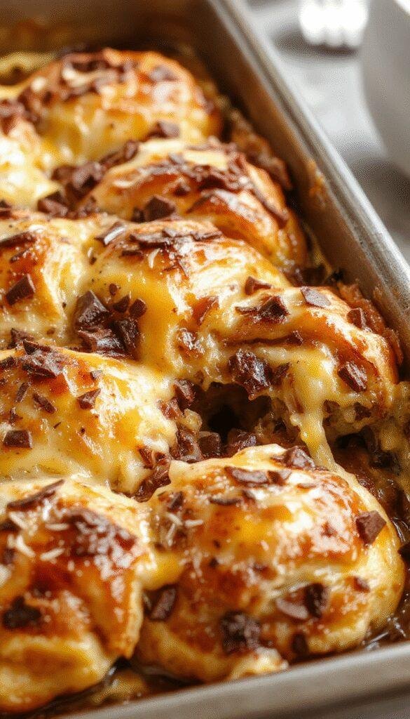 A delicious baked chocolate croissant casserole topped with powdered sugar, featuring flaky croissants soaked in rich chocolate filling, ready to serve.