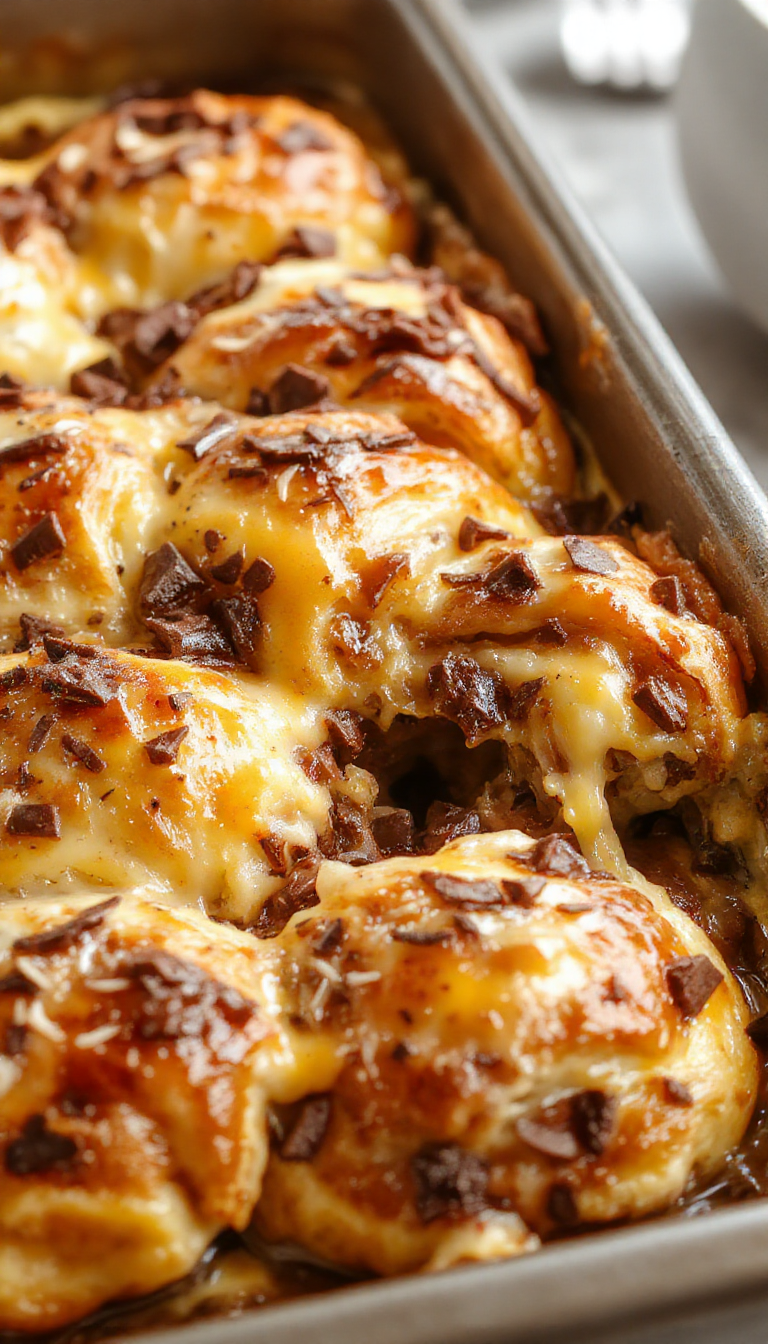 A delicious baked chocolate croissant casserole topped with powdered sugar, featuring flaky croissants soaked in rich chocolate filling, ready to serve.