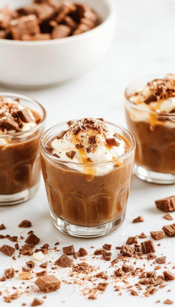Elegant glass cups filled with rich, creamy salted caramel chocolate mousse topped with a sprinkle of sea salt and chocolate shavings.