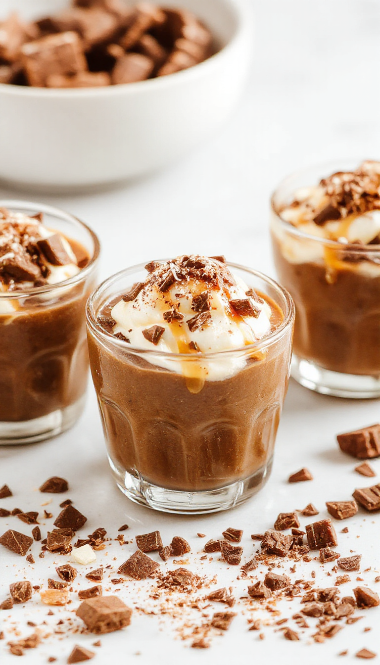 Elegant glass cups filled with rich, creamy salted caramel chocolate mousse topped with a sprinkle of sea salt and chocolate shavings.