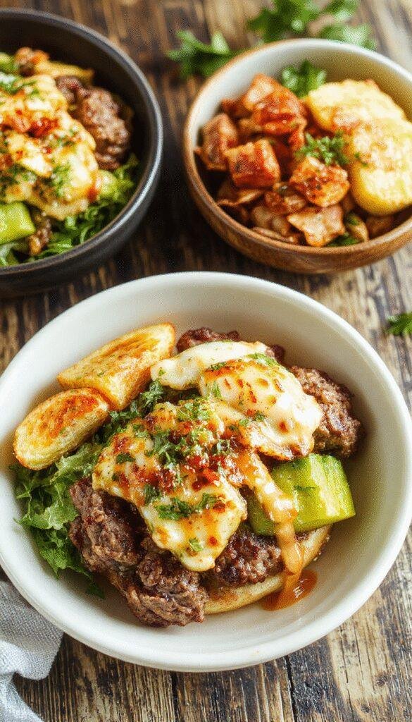 A colorful burger bowl with seasoned ground beef, fresh lettuce, sliced tomatoes, shredded cheese, and pickles in a bowl, served with a side of fries