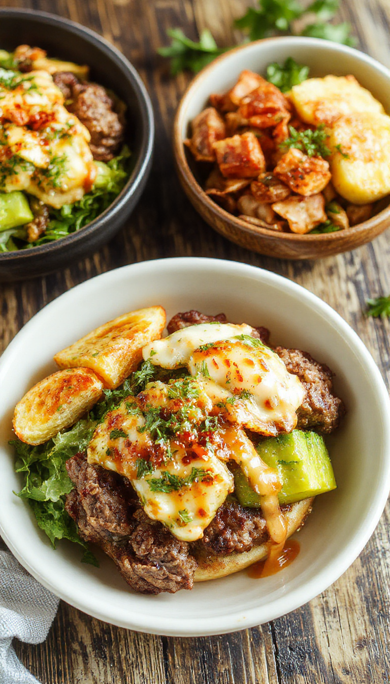 A colorful burger bowl with seasoned ground beef, fresh lettuce, sliced tomatoes, shredded cheese, and pickles in a bowl, served with a side of fries