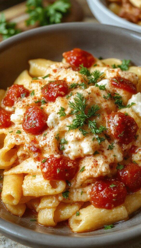 A bowl of creamy tomato ricotta pasta garnished with fresh basil and grated cheese, steam rising from the warm, rich dish.