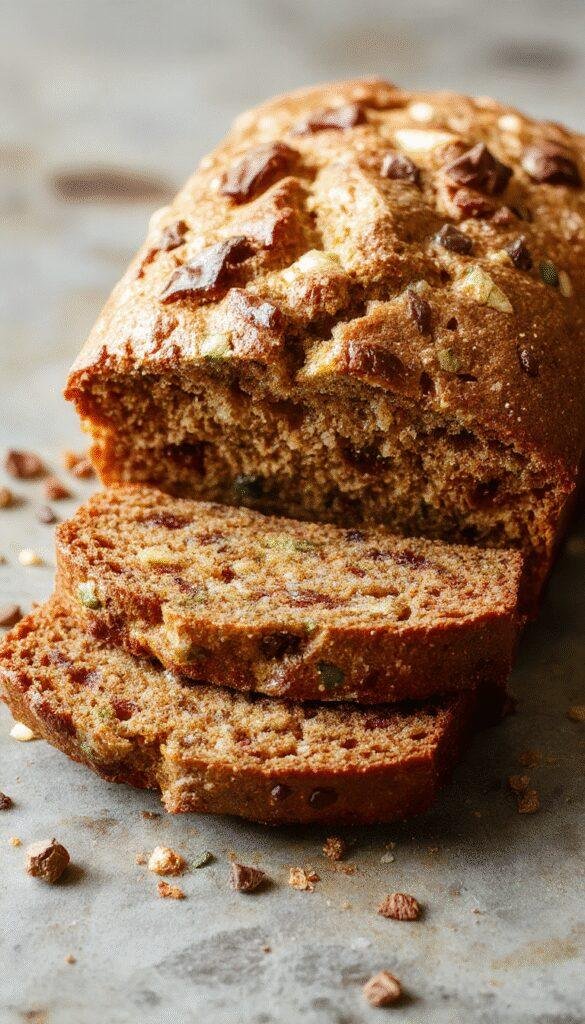 A slice of moist zucchini bread on a wooden plate garnished with nuts and fresh zucchini slices beside a full loaf.
