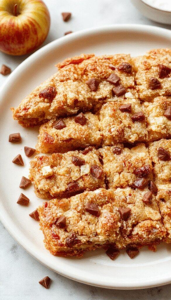 A close-up of golden apple crisp shortbread bars topped with cinnamon sugar and served on a rustic wooden platter, garnished with fresh apple slices.