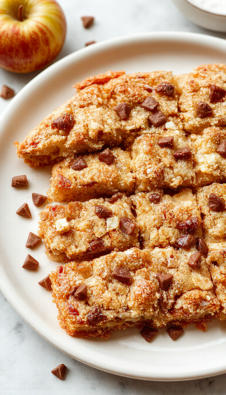 A close-up of golden apple crisp shortbread bars topped with cinnamon sugar and served on a rustic wooden platter, garnished with fresh apple slices.