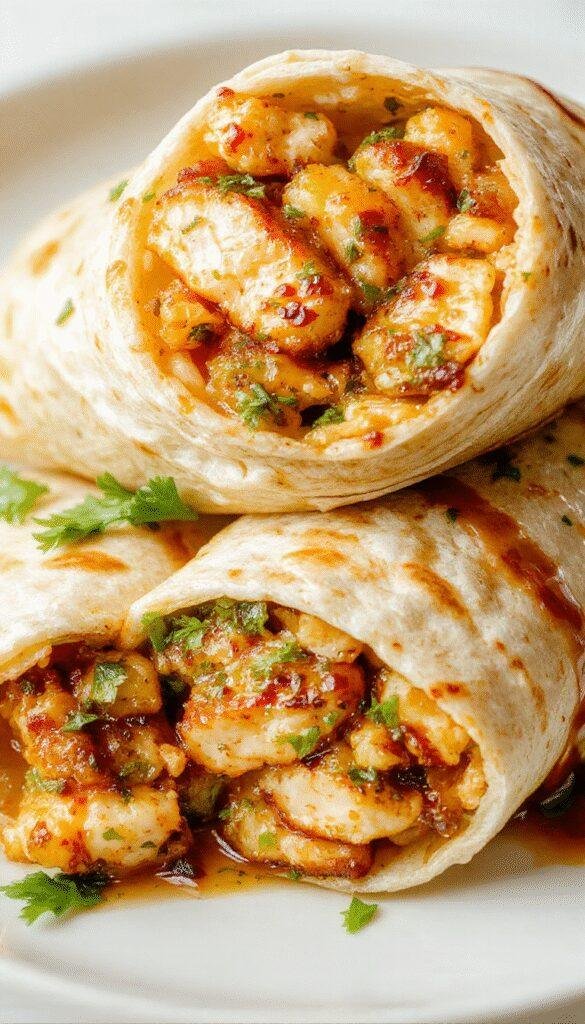 Delicious cheesy chicken garlic wraps served on a plate with fresh herbs and a side of vegetables.