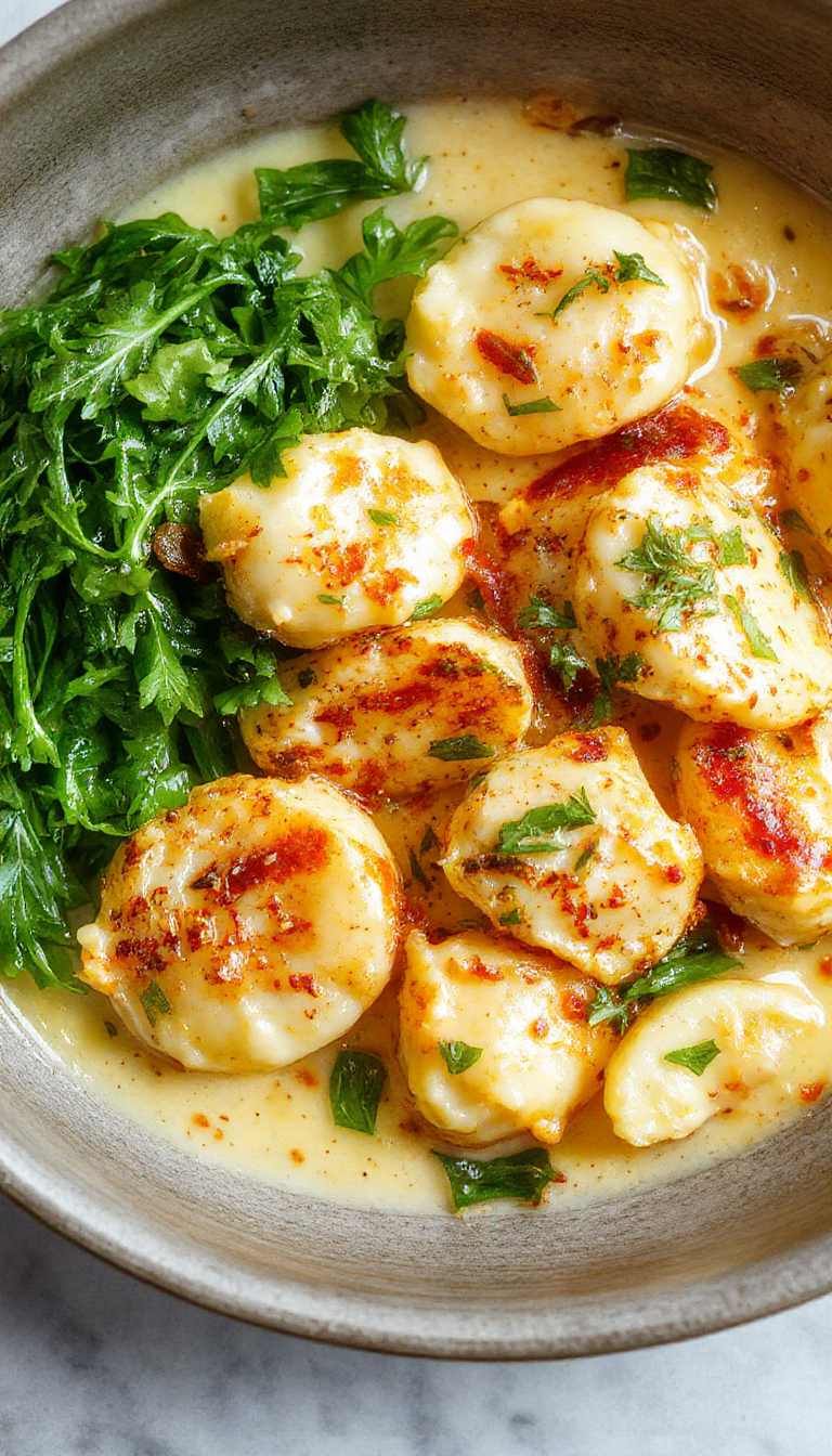 A warm bowl of creamy crack chicken gnocchi garnished with fresh herbs on a rustic wooden table.