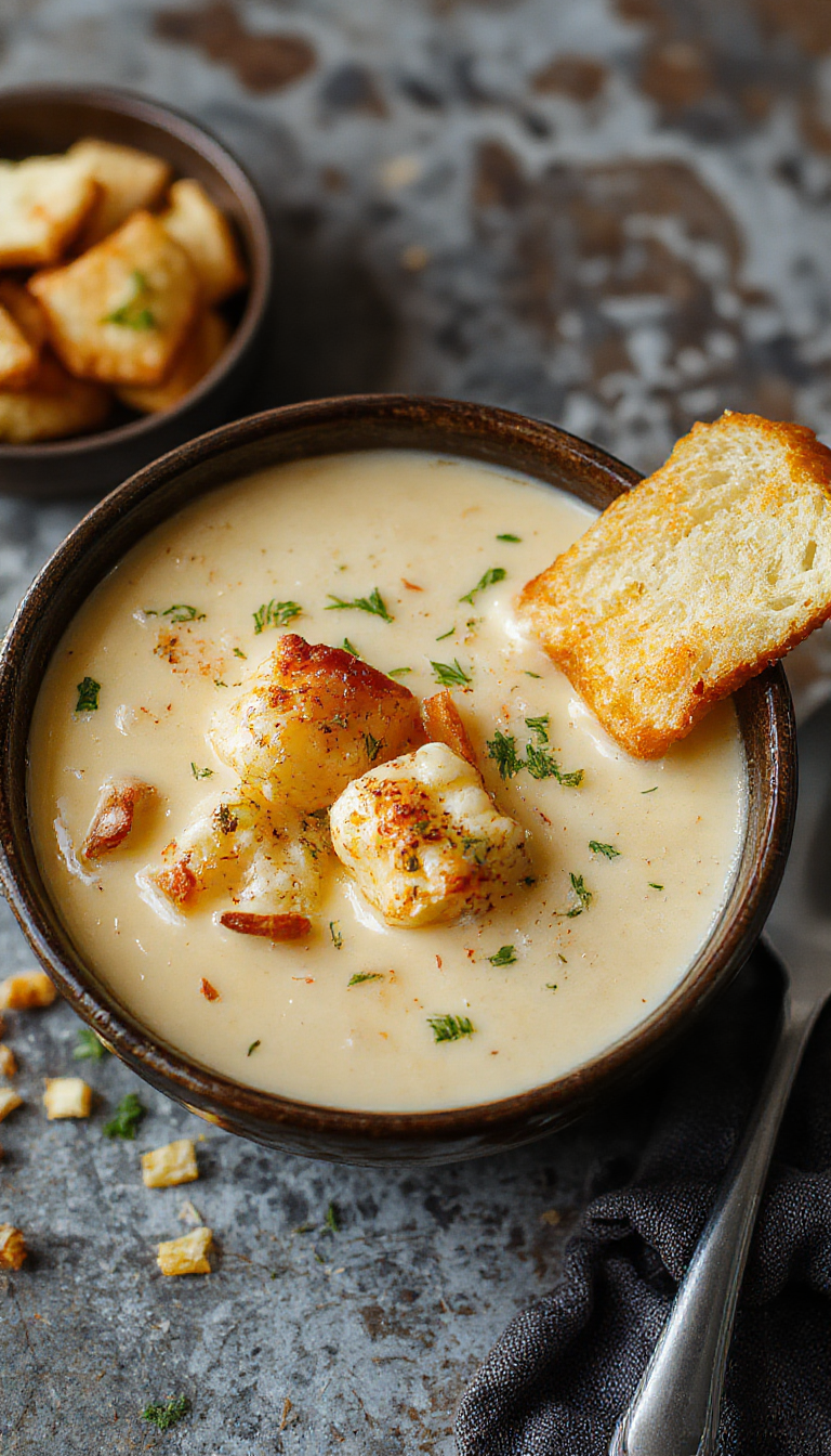 A warm bowl of creamy jalapeno popper soup garnished with shredded cheese and chopped green onions, surrounded by fresh jalapenos and crispy bacon bits.