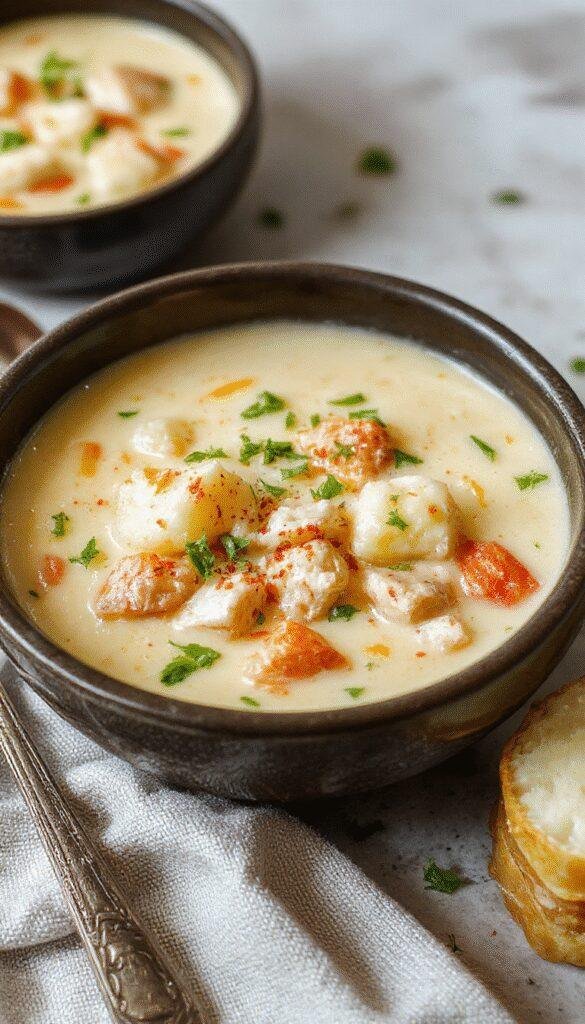 A steaming bowl of creamy keto chicken soup topped with herbs and served in a rustic bowl, with a spoon resting beside it.