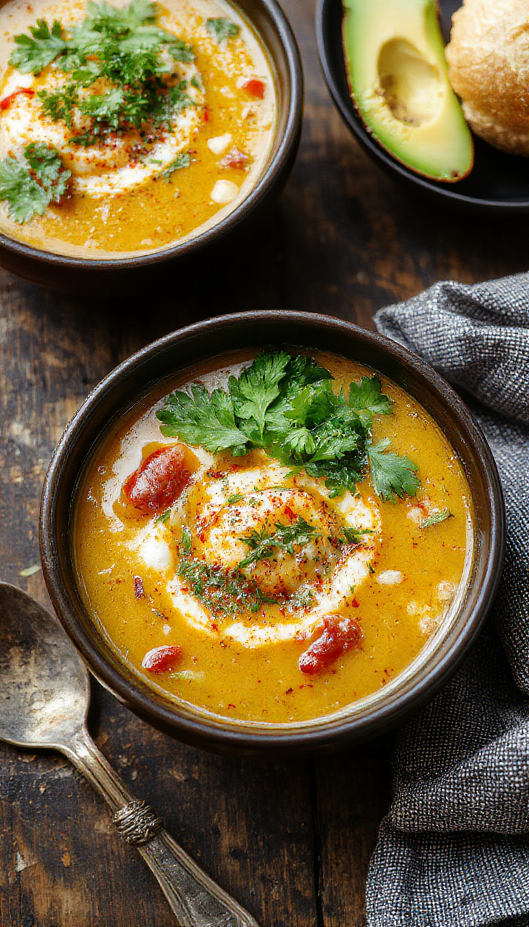A vibrant bowl of Chile Relleno Soup topped with fresh cilantro and melted cheese, showcasing the rich and flavorful Mexican comfort food