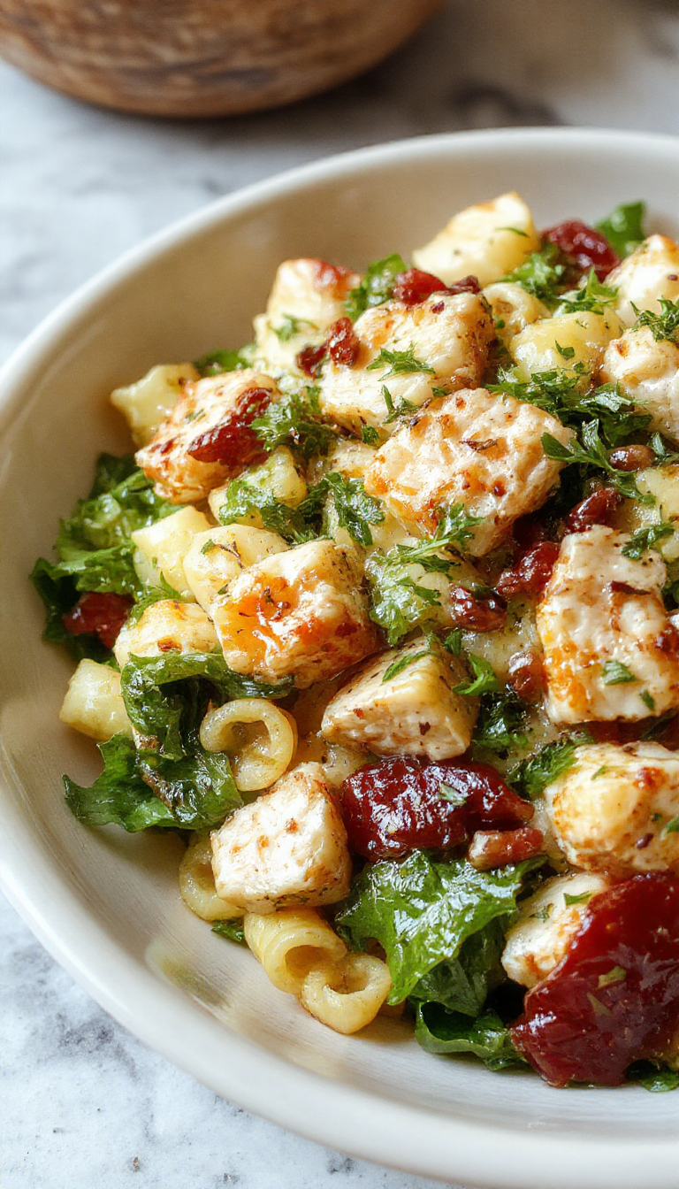 A vibrant bowl of healthy Mediterranean chicken pasta salad featuring colorful vegetables, grilled chicken, and fresh herbs.