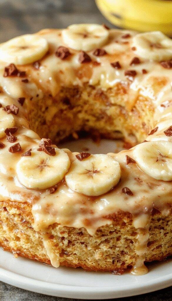 A sliced homemade banana cake topped with whipped cream and banana slices, showcasing its moist texture and golden crust.