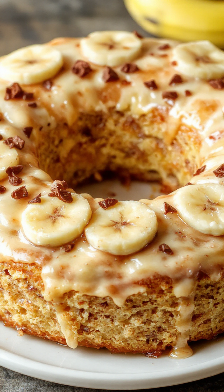A sliced homemade banana cake topped with whipped cream and banana slices, showcasing its moist texture and golden crust.
