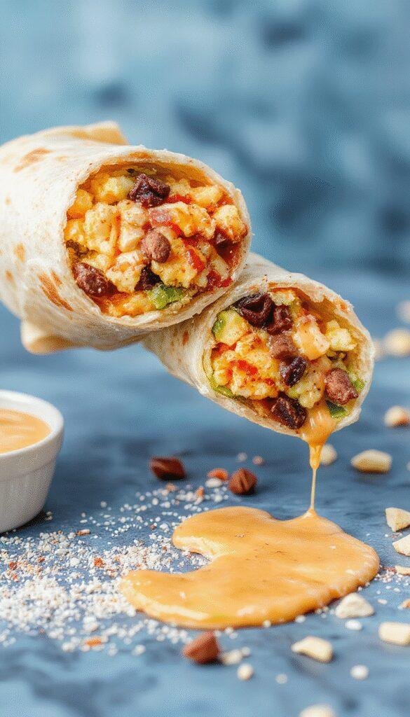 A freshly made Dunkin' Wake Up Wrap filled with scrambled eggs, sausage, and cheese, placed on a white plate with a sunny background.