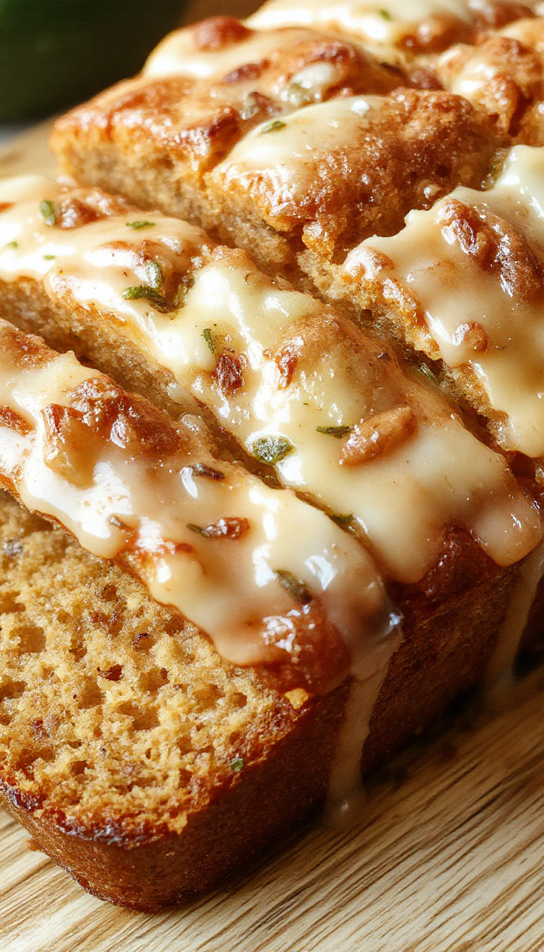 Golden slices of zucchini bread with a moist crumb and a hint of cinnamon on a rustic wooden plate.