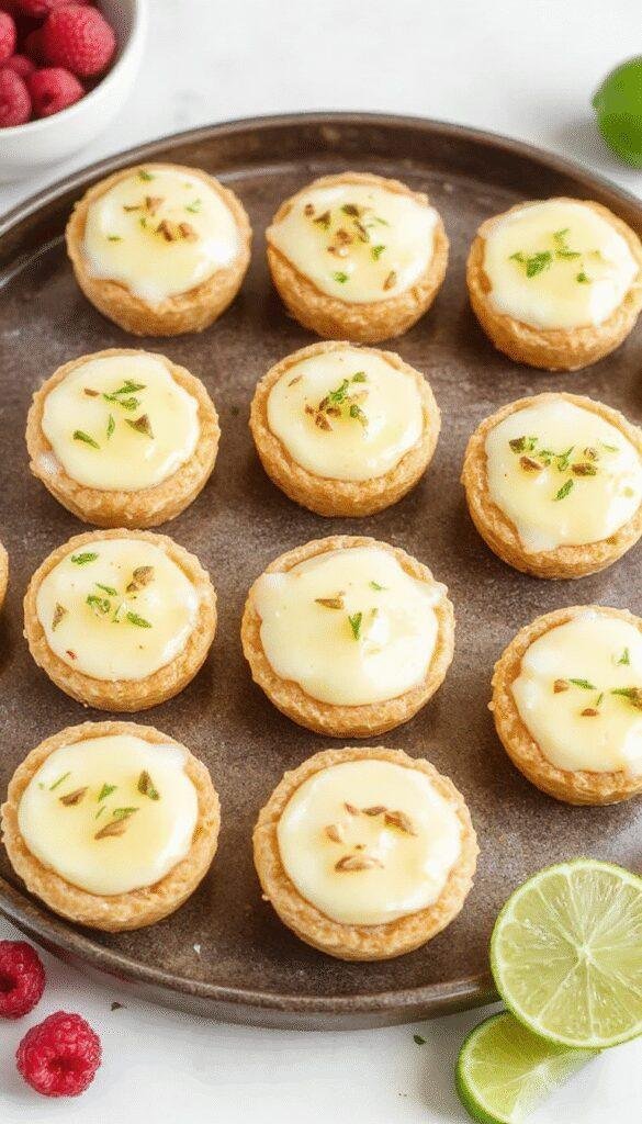 Mini Key Lime Pies on a white plate with fresh lime slices and whipped cream toppings, showcasing their zesty summer appeal.