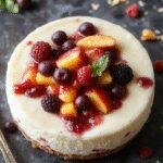 A vibrant no-bake cheesecake topped with fresh summer berries and peach slices, served in a glass dish with a golden crust.
