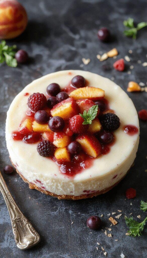 A vibrant no-bake cheesecake topped with fresh summer berries and peach slices, served in a glass dish with a golden crust.