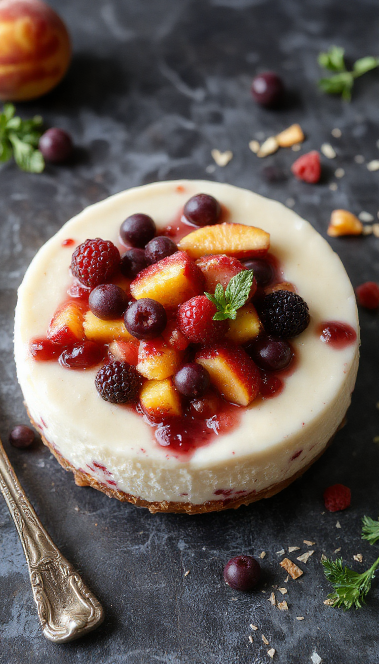 A vibrant no-bake cheesecake topped with fresh summer berries and peach slices, served in a glass dish with a golden crust.