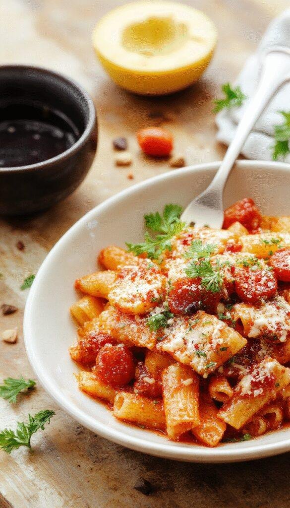 A vibrant plate of Fiery Arrabiata Penne featuring al dente pasta coated in a spicy tomato sauce, garnished with fresh basil and chili flakes.