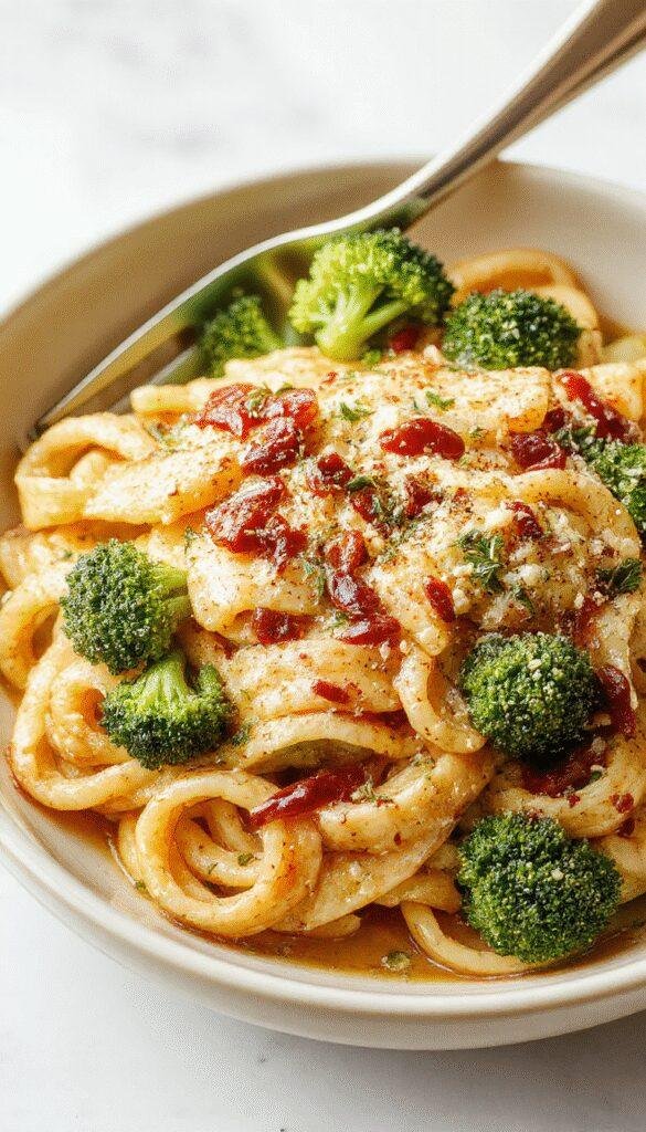 A vibrant bowl of healthy broccoli pasta garnished with fresh herbs, featuring al dente pasta mixed with steamed broccoli florets in a light sauce.