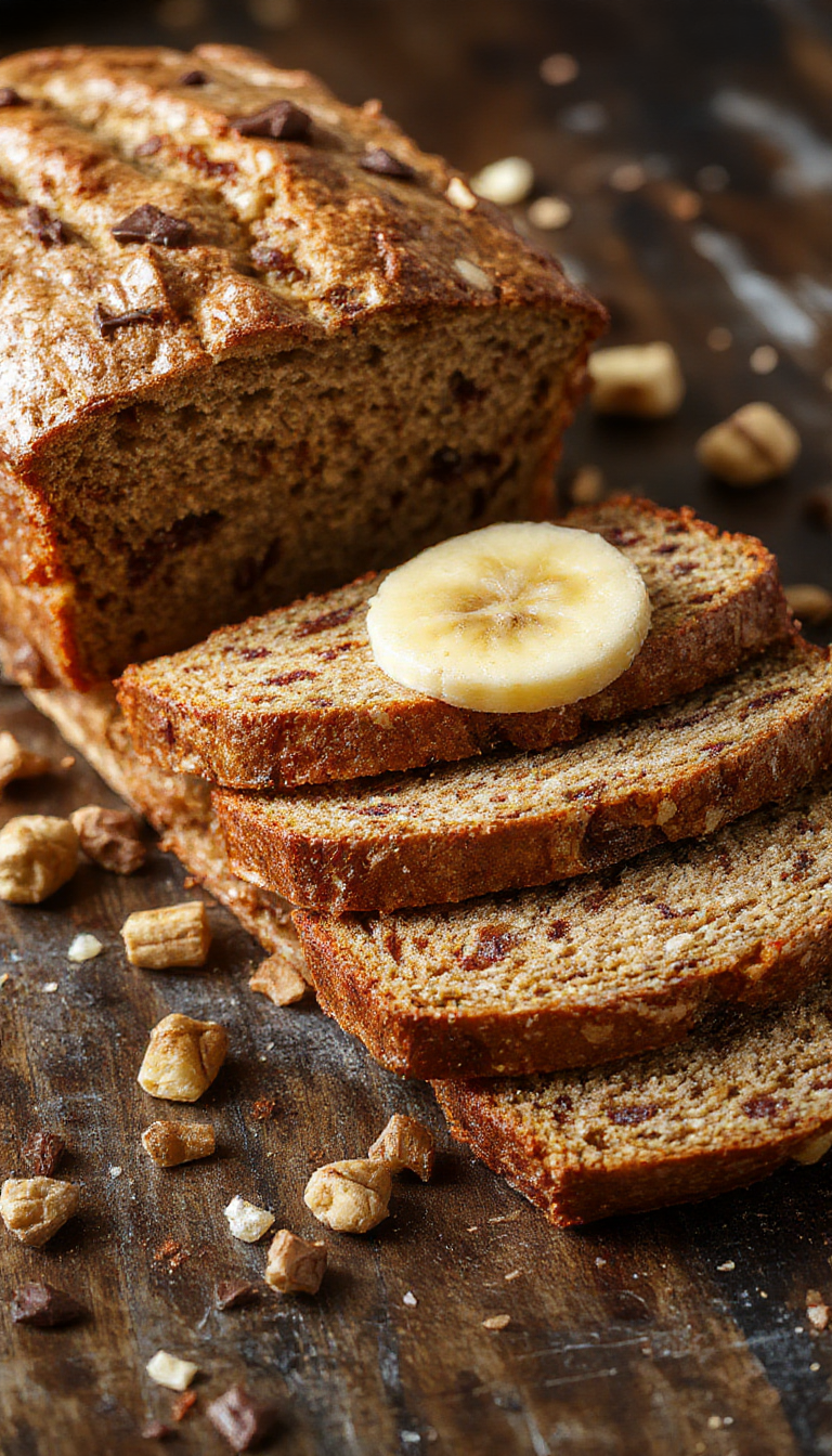 A slices of golden high-protein banana bread garnished with walnuts on a rustic wooden serving board.