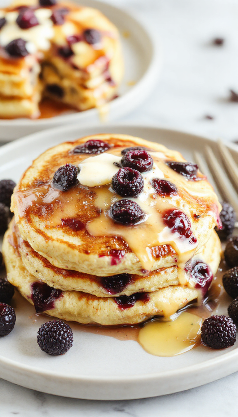 A stack of fluffy blueberry pancakes topped with fresh blueberries and a drizzle of honey, served with a side of Greek yogurt.