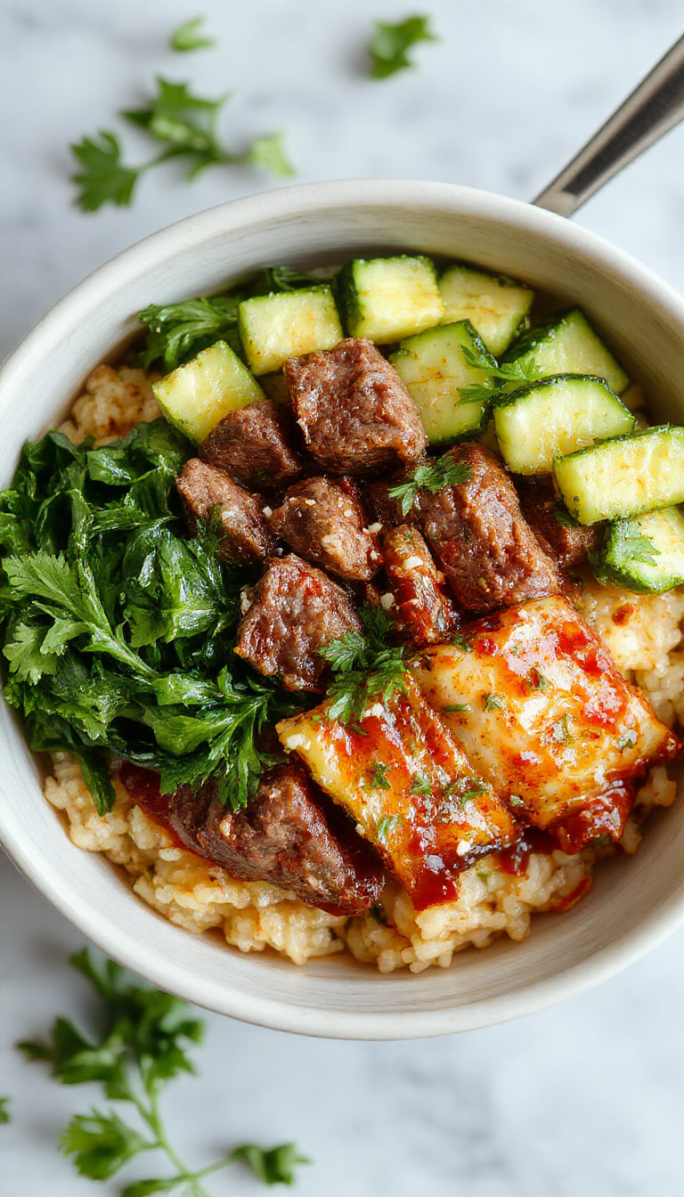 A vibrant bowl featuring cooked ground beef, sliced zucchini, and fluffy rice topped with fresh herbs and lemon wedges, ready to serve as a healthy Greek-inspired meal.